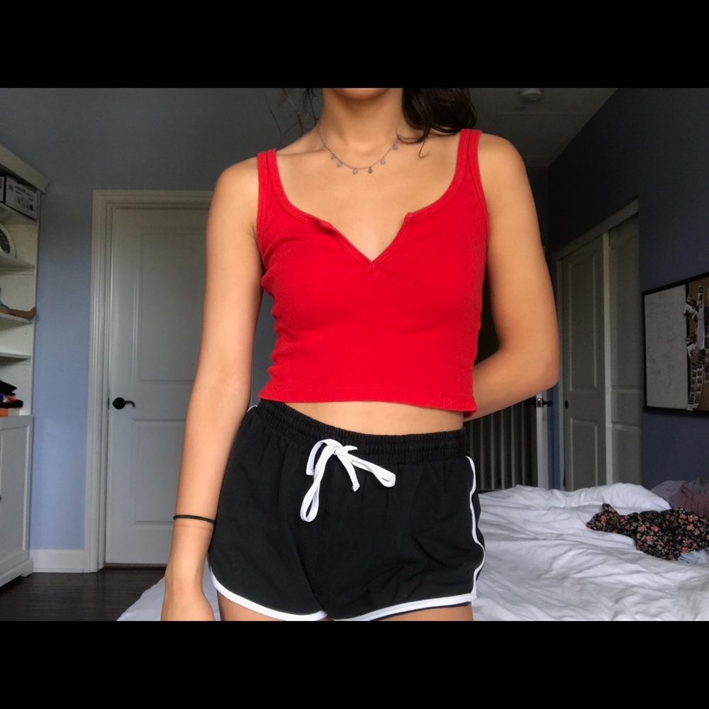 Brandy Melville Red Ribbed V-Neck Tank Top